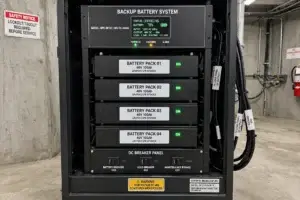 Rack-mounted backup battery system with four LiFePO4 battery packs, a status display, and a DC breaker panel (illustrative image)