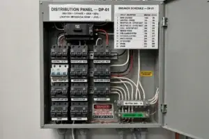 Electrical distribution panel with labeled circuit breakers, neutral and ground bars, and a posted breaker schedule (illustrative image)