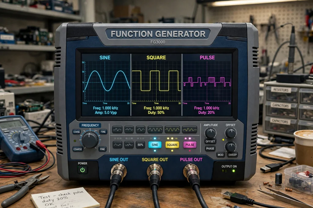 Bench function generator display showing SINE, SQUARE, and PULSE waveforms at 1 kHz with three separate BNC output connectors