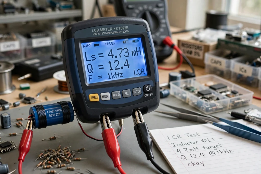 Handheld LCR meter measuring a 4.7 mH inductor, displaying series inductance 4.73 mH and Q factor 12.4 at 1 kHz