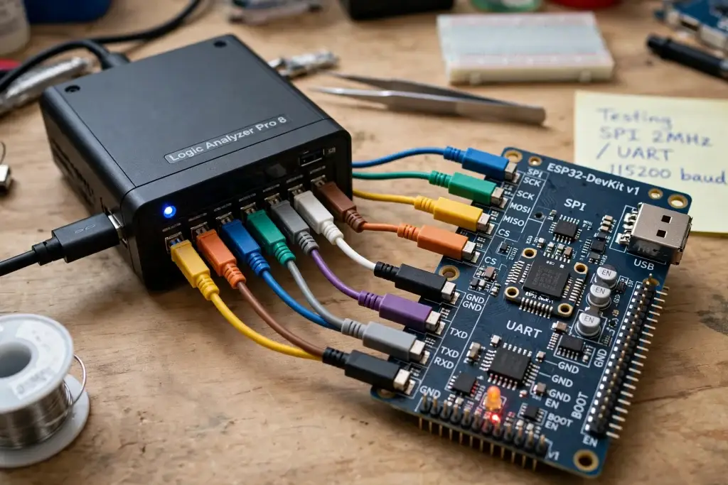 Eight-channel logic analyzer with color-coded probe leads connected to an ESP32 board's SPI and UART pins for serial protocol debugging