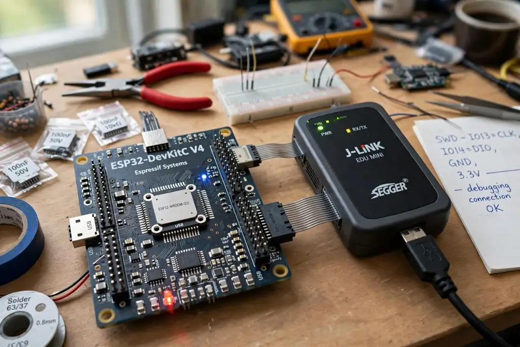 ESP32-DevKitC V4 development board connected to a SEGGER J-Link EDU Mini in-circuit debugger with ribbon cables on an electronics
