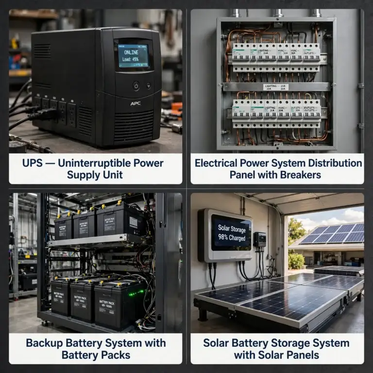 Collage of four backup power systems: UPS unit, electrical distribution panel, backup battery packs, and solar battery storage